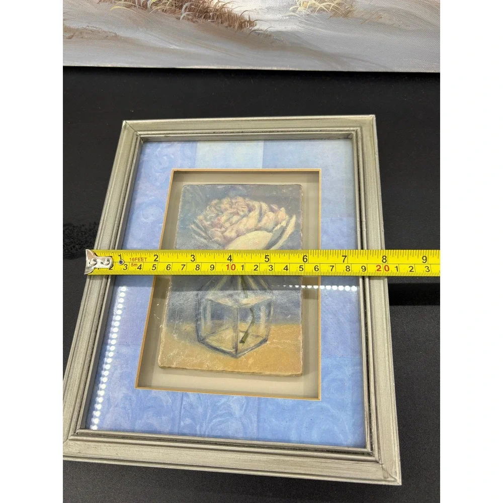 Floral Still Life Framed Tile Art Pink Flower in Glass Vase Silver Frame